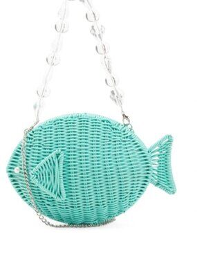 Tommy Bahama Woven Wicker  Straw Fish Novelty Crossbody Bag Teal Blue NWT